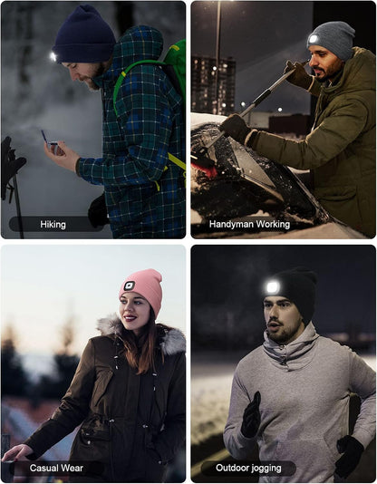 LED Beanie with the Light, Unisex USB Rechargeable Headlamp Winter Knitted Cap Gifts for Men Dad Husband Him