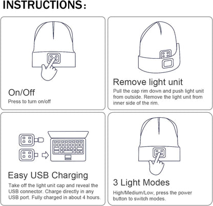LED Beanie with the Light, Unisex USB Rechargeable Headlamp Winter Knitted Cap Gifts for Men Dad Husband Him