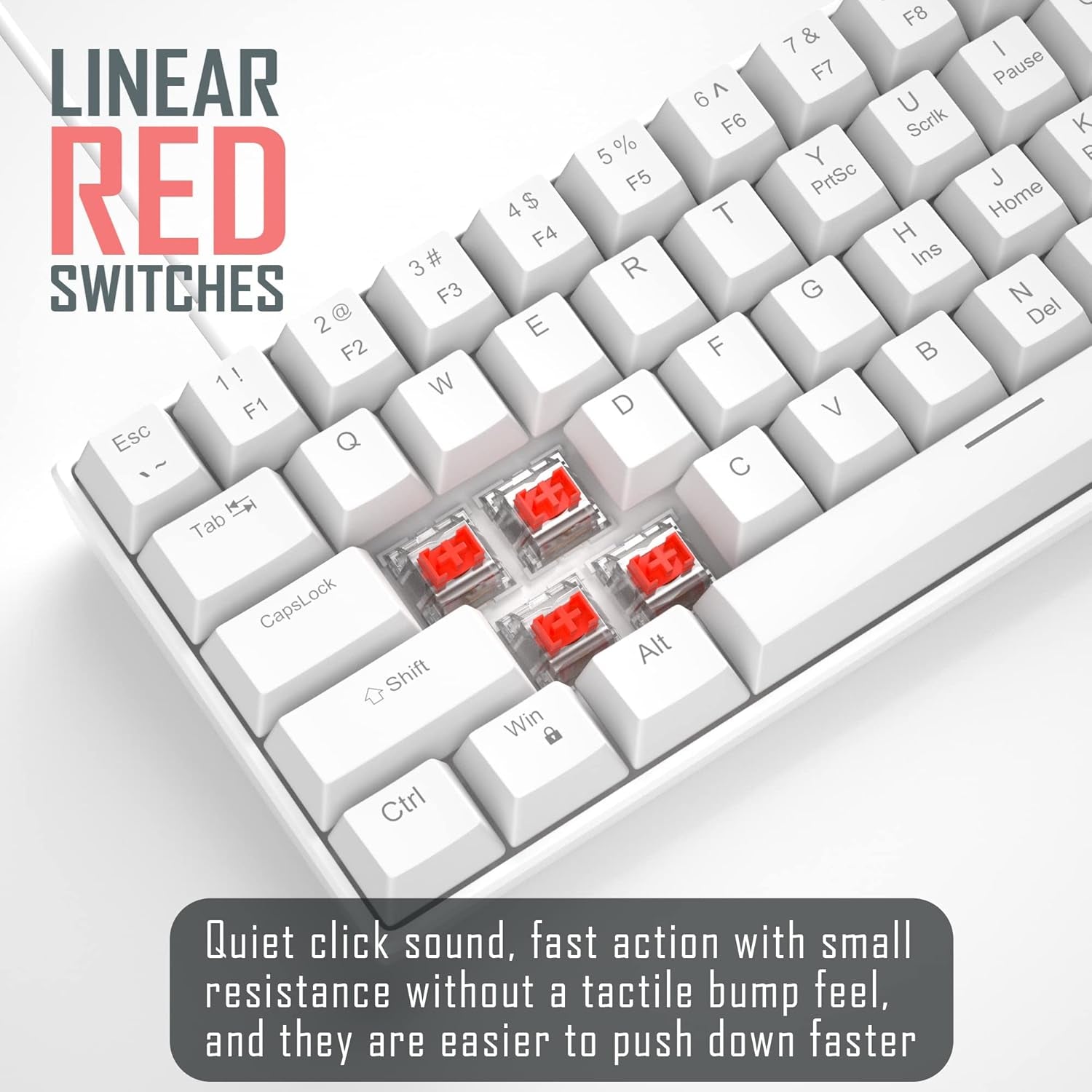 60% Mechanical Gaming Keyboard, White Gaming Keyboard with Red Switches, Detachable Type-C Cable Mini Keyboard with Blue LED Light For/Pc/Laptop