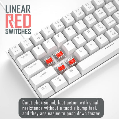 60% Mechanical Gaming Keyboard, White Gaming Keyboard with Red Switches, Detachable Type-C Cable Mini Keyboard with Blue LED Light For/Pc/Laptop