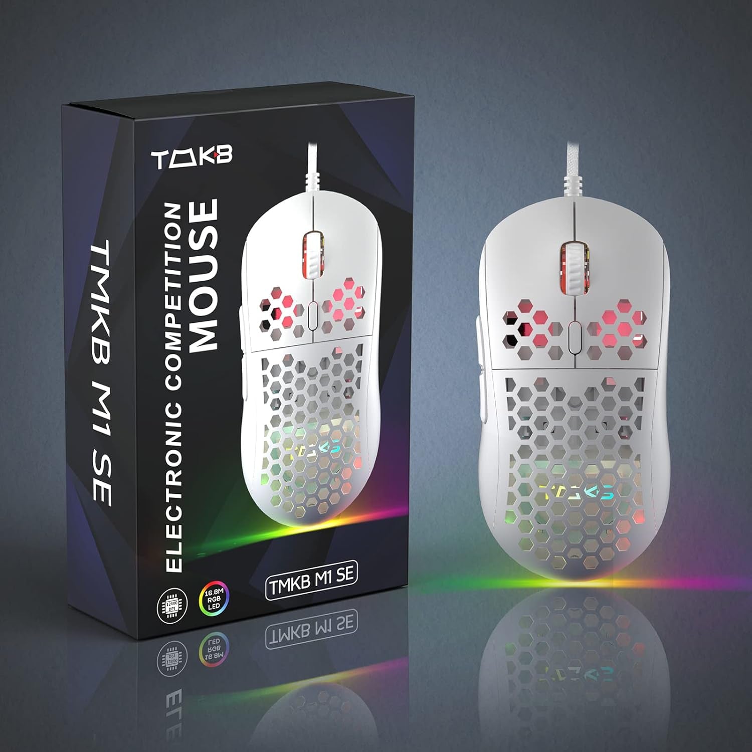 M1SE Wired Gaming Mouse with Honeycomb Shell, 12800DPI Optical Sensor, 6 Programmable Macros, Software Support for Custom Key Config, and RGB Settings for Windows 7/8/10/XP, Vista, Linux-White