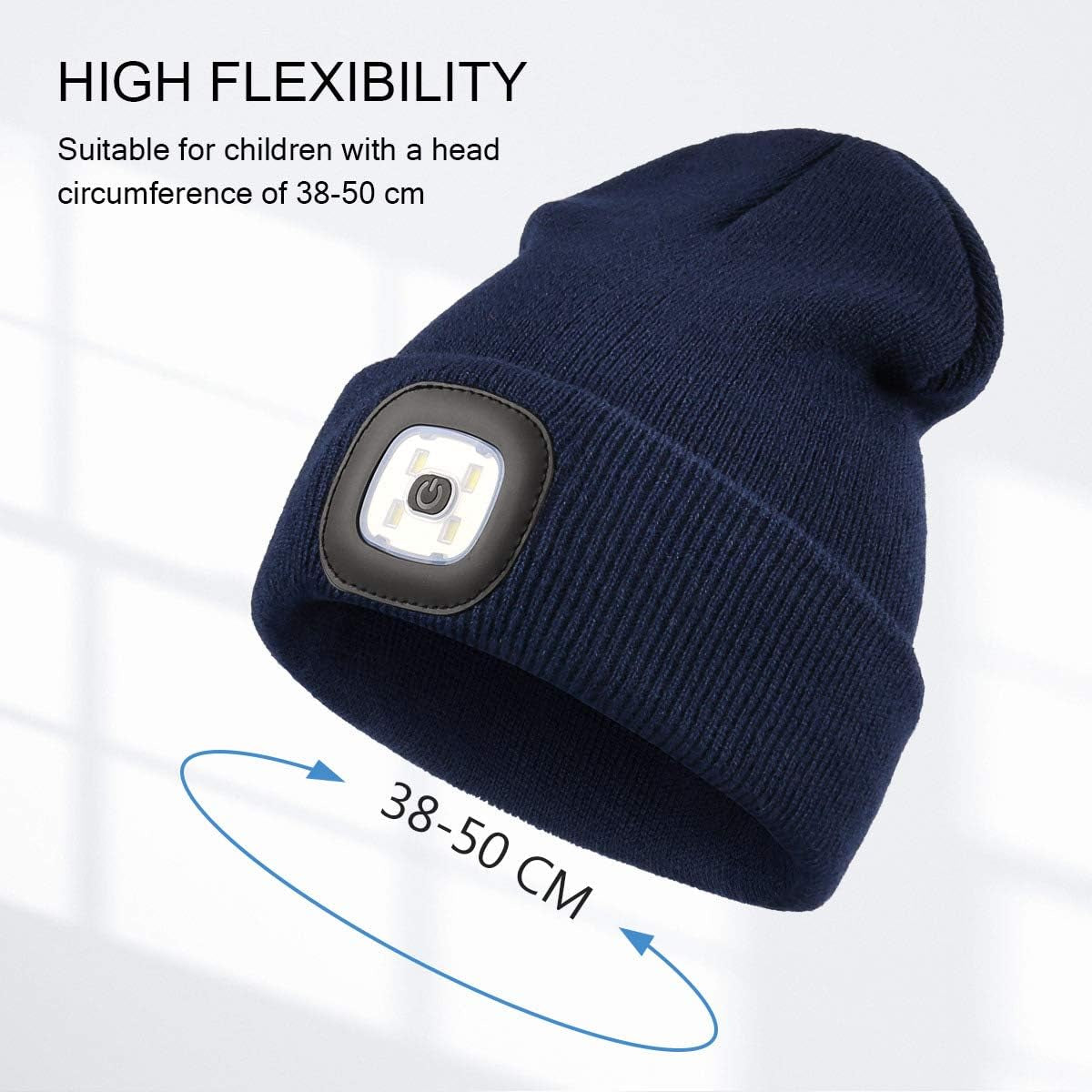 LED Beanie for Kids, Unisex Rechargeable Headlamp Hat Winter Night Lighted Cap, Gifts for Kids Boys Girls