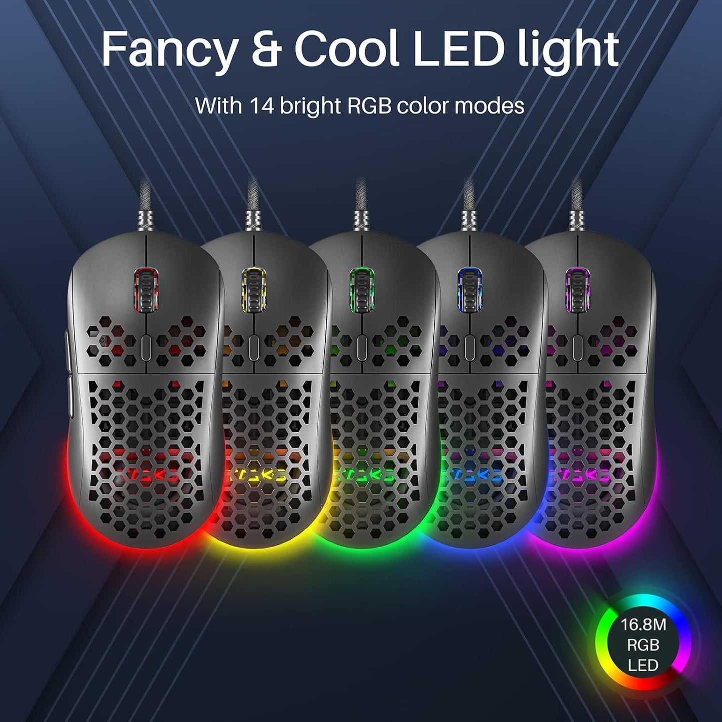 M1SE Wired Gaming Mouse with Honeycomb Shell, 12800DPI Optical Sensor, 6 Programmable Macros, Software Support for Custom Key Config, and RGB Settings for Windows 7/8/10/XP, Vista, Linux-Black